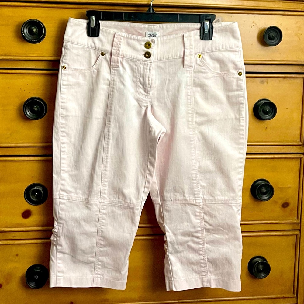 Women’s Cache Y2K Gold Accent Ruched Pedal Pale Pink Pants Sz 6 Excnt Like-New